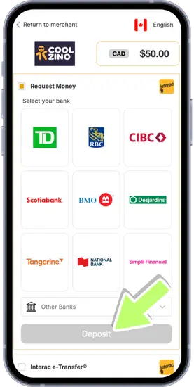 Coolzino Interac bank selection screen for deposit