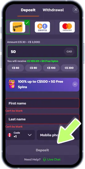 Coolzino deposit form with Interac payment and bonus offer