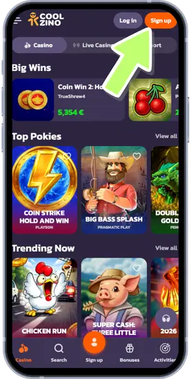 Coolzino casino homepage with Sign Up button highlighted