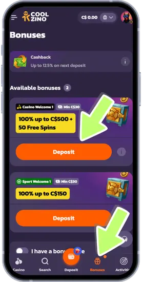 Coolzino bonuses page showing welcome deposit offers